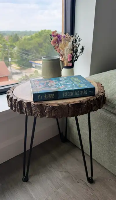 Rustic Walnut round side table, View more