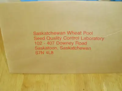 8 collectible paper grain seed quality envelopes for Sask. Wheat Pool seed testing laboratory, askin...
