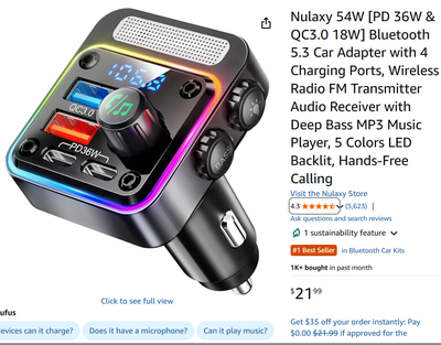 Nulaxy Wireless in-Car Bluetooth FM Transmitter USB C Charger, View more