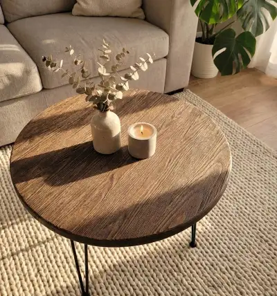 This minimalist solid pine side table celebrates material and form. The 24-inch (60 cm) round top is...