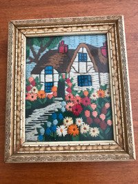 Small Vintage Crewel Thatched Cottage & Garden Picture