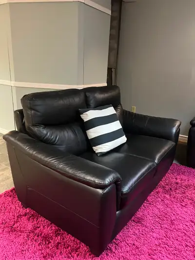 Black Leather Sofa Set with Decorative Pillows, View more
