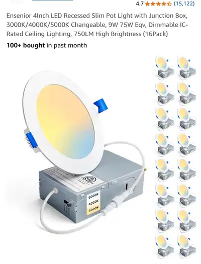 Brand new LED potlights w/ junction box Never used 16 pack 4” 3 settings - warm white, natural white...