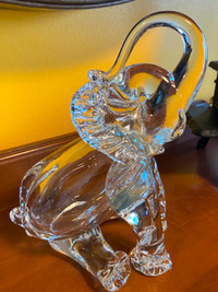 Large Clear Art Crystal Glass Handblown Elephant with Trunk Up
