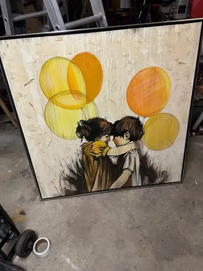 This vintage painting features a charming depiction of two children with balloons, rendered in warm,...