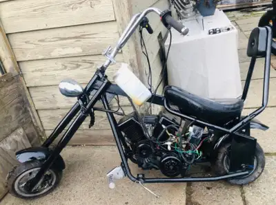 Mini chopper twin engine carb spark muffler fuel tank throttle seat horn lights 12v battery chain ha...
