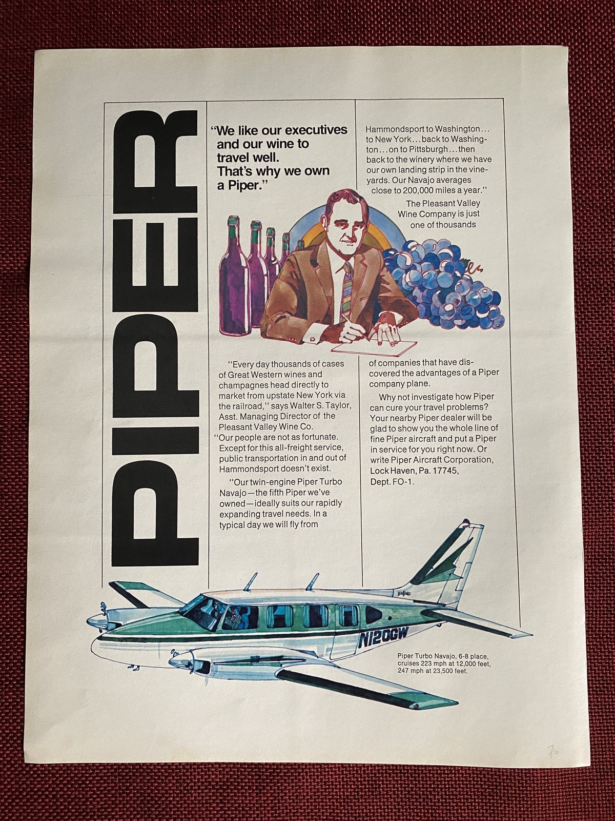 1970 Twin-Engine Piper Turbo Navajo Aircraft Original Ad, photo 1