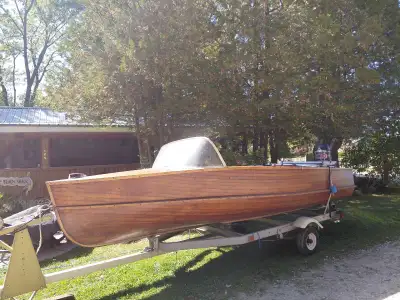 Nice Wooden boat with motor. Comes with top to keep the sun off and new cover. Under 17 feet Unknown...