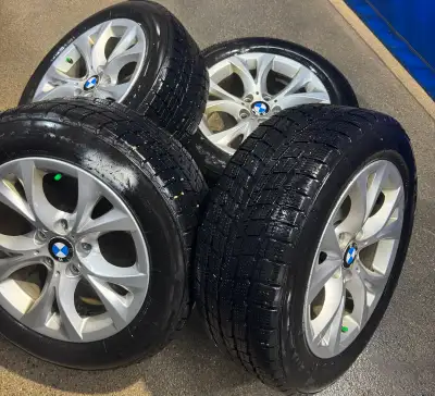 (4)- 235/55r17 FireStone All Weather tires in Alloy rims 5x120 Bolt pattern Tires are like new with...