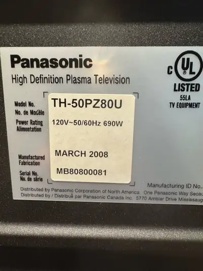 50” Panasonic Viera Plasma TV, View more