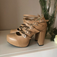 Japanese Style Nude Beige Strappy Platform Heels (Size 7.5)