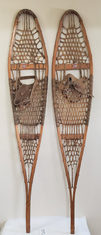 Wood Snowshoes Leather Bindings Quebec Decor or Use