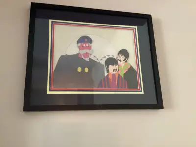 ORIGINAL framed 1968 Yellow Submarine animation cel. Old Fred and watercolour background used in the...