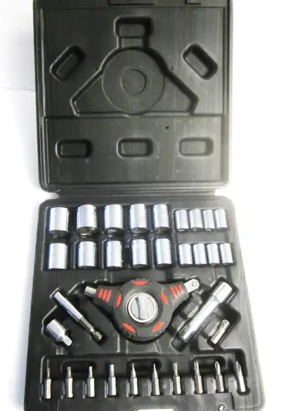 New, Never Used, JOBMATE Palm-Grip Ratchet / Driver With Sockets and Bits. ¼ Inch and 3/8 Inch Drive...