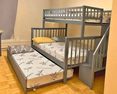 3-in-1 Gray Bunk Bed: Twin over Full with Pull-Out Trundle & Sta, View more