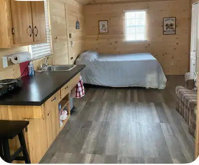Lovely cabin with a grassy area and fire pit at the back. Located on 400 acres for access to wildern...