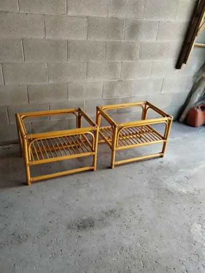 Pair Vintage 2 Tier Boho Retro Rattan Bamboo End Tables w Glass, View more