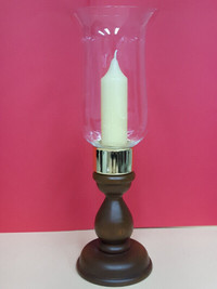 Vintage MCM Wood & Brass Candlestick Hurricane Glass Candle