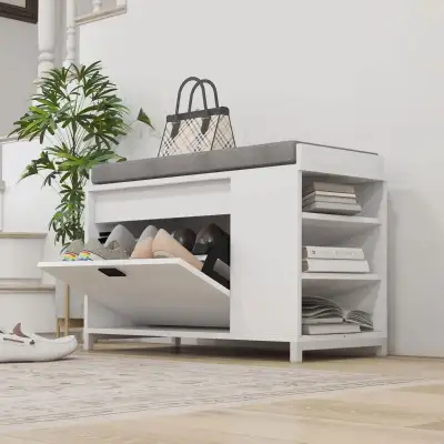 Shoe Storage with Seat, Upholstered Hallway Bench, Shoe Bench with Flip Drawer and Side Rack for 6 P...