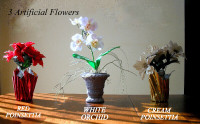 3 Artificial Flowers, white Orchid, a red and a cream Poinsettia
