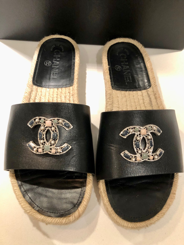 Authentic CHANEL Espadrilles Black Calkskin Sandals Slides in Women's - Shoes in Guelph - Image 2