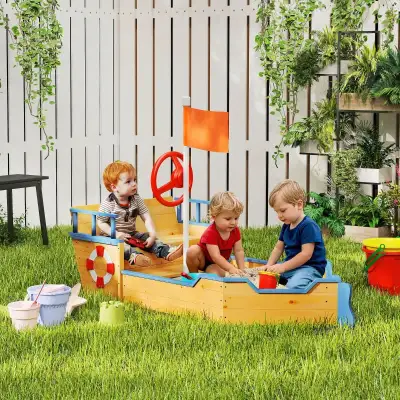 Kids Wooden Sandbox Pirate Ship Sandboat Outdoor Backyard , View more