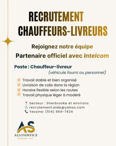 RECRUTEMENT – Chauffeurs-livreurs | Sherbrooke et environs AlloService Slimani Inc., partenaire offi...