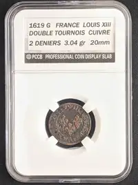 1619 G, FRANCE, LOUIS XIII, DOUBLE TOURNOIS, TRÈS RARE, Monnaie
