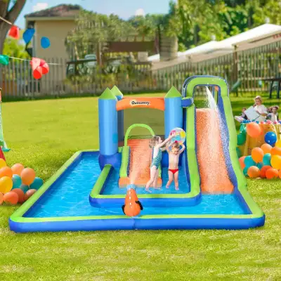 5 in 1 Kids Bounce House with Double Slides Pool Trampoline Climbing Wall Water Cannon, Inflatable B...