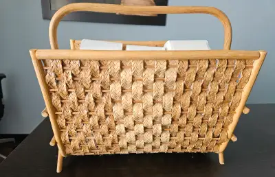 Wicker Magazine Rack, and Woven Basket/Wall Decor Piece., View more
