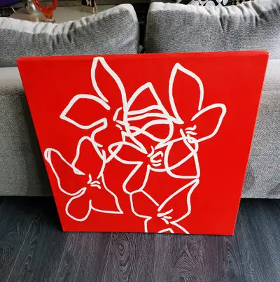 Contemporary floral print on stretched canvas Vibrant red background with white flowers. Size: 30" x...