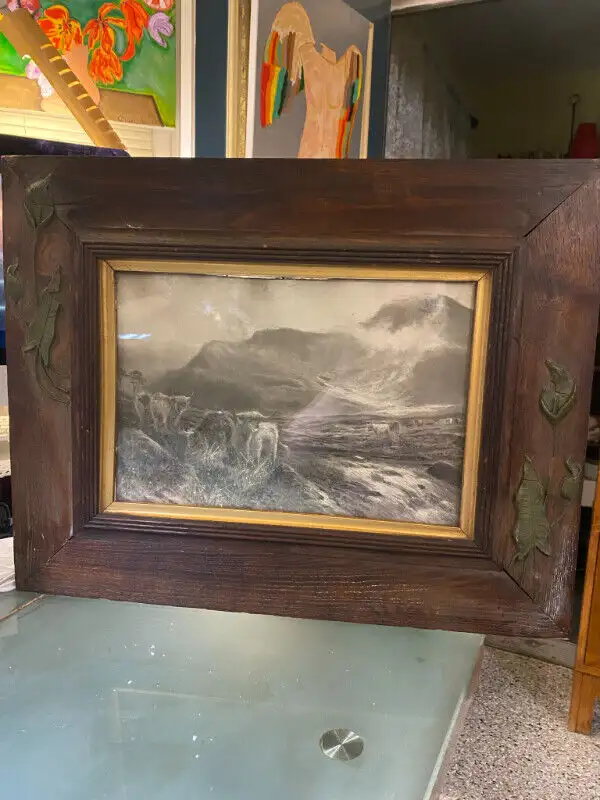 ANTIQUE WOOD  FRAME  COW BLACK AND WHITE COWS SCENE . in Arts & Collectibles in Vancouver - Image 2