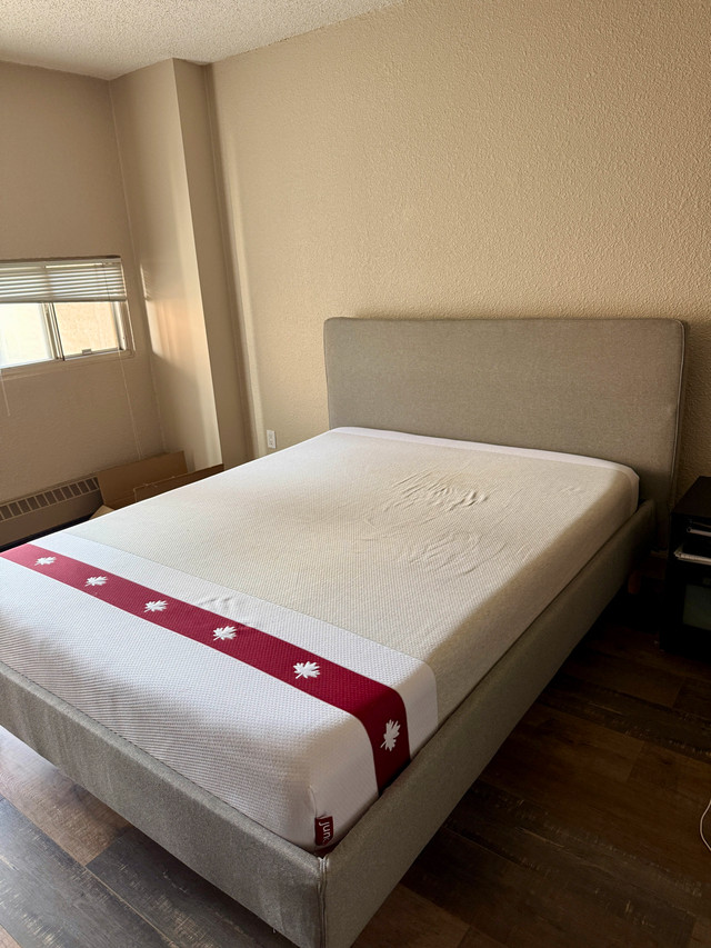Queen size JUNO mattress & Upholstered IKEA bedframe in Beds & Mattresses in Calgary