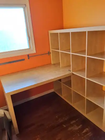 Desk and attached shelves, View more