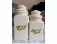 2 VINTAGE STONEWARE SQUARE SHAPE BISCUITS JARS