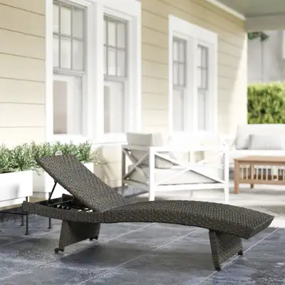 Rattan Folding Outdoor Lounger Chair Recliner with 5-Level Adjustable Backrest, Wheels for Garden, P...