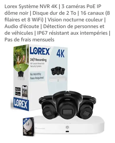 Lorex camera de surveillance! 3 cameras 4K avec cables de connexion aunsi qu'un enregistreur de 2 T...