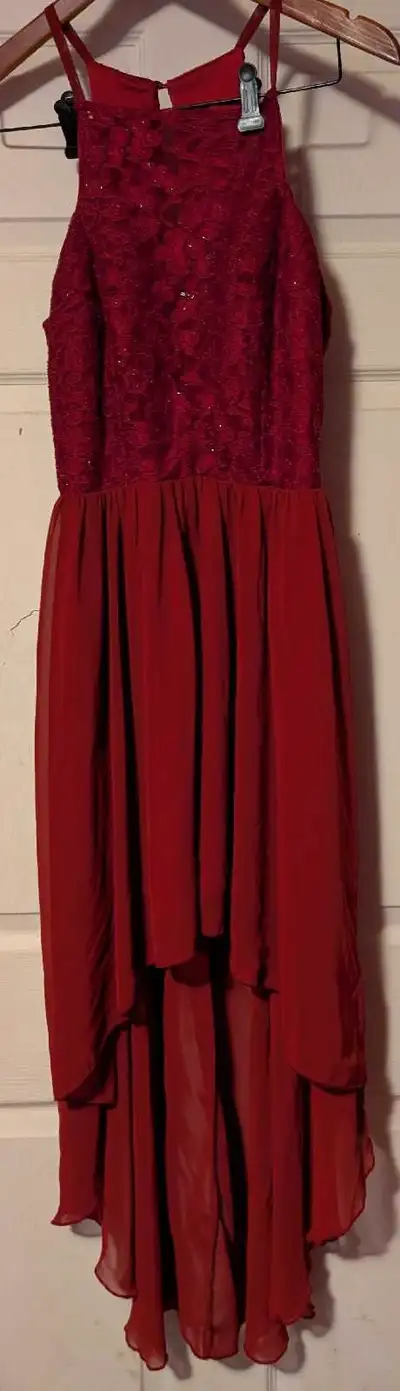 Elegant red lace high-low dress-size 7, View more