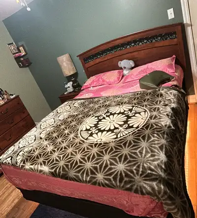 Queen size bed frame with solid wood headboard & spring box, View more