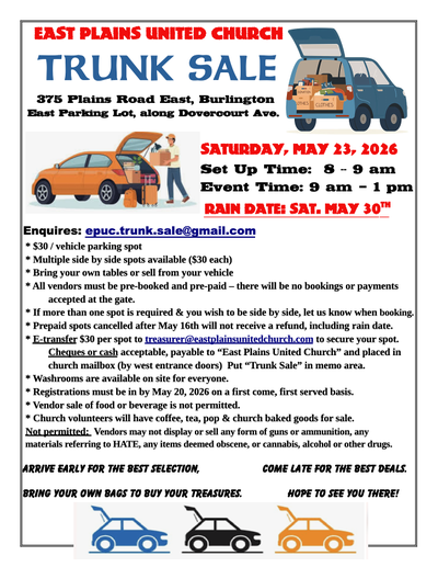 TRUNK & BAKE SALE at EAST PLAINS UNITED CHURCH, BURLINGTON, View more