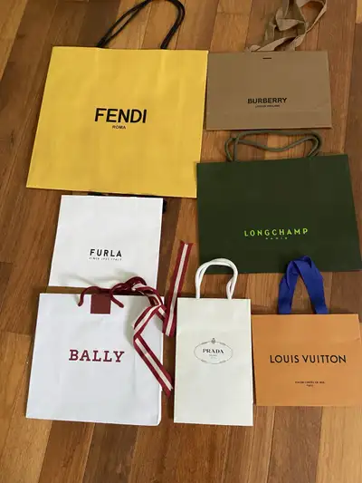 Fendi, LV, Burberry, prada, Bally ,Furla, longchamp paper bags, View more