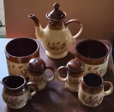 Vintage brown jug style 7 pc wheat motief ceramic set, View more
