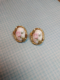 Vintage Earrings porcelain Rose Pink Cream GoldTone Cameo