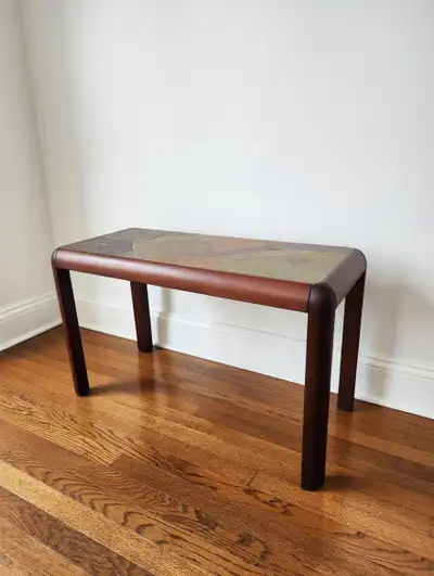 Danish modern rosewood hallway table with mosaic tile & brass top surface by Gangso Mobler. Dimensio...