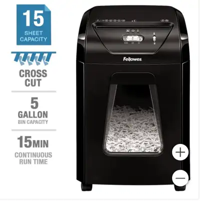 Fellowes Powershred 1500C Cross-cut Shredder Item 1576000 Model 100136511 Features: Shreds 15 sheets...