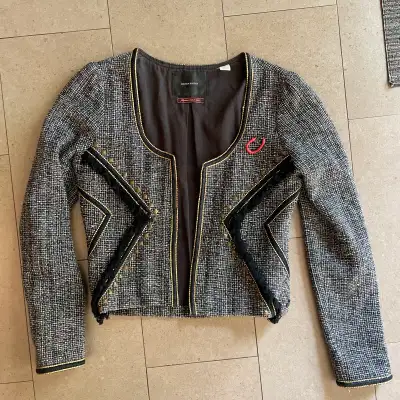 Maison Scotch Black Studded Open Front Tweed Blazer Jacket-Small, View more