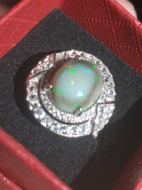 Solid, High Dome Black Opal and Sapphire Ring Sz 7