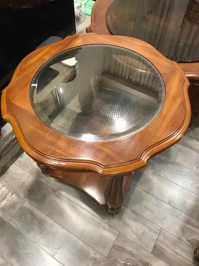 Vintage Solid Wood Table Set - Console +3 Glass Top Tables, View more