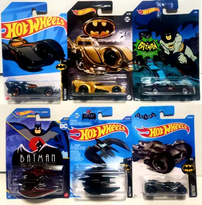 Hot Wheels Batman Batmobiles - 1989 orange/blue Batmobile - 1989 Gold Batmobile - 1966 Classic Batmo...