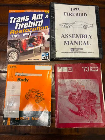 1973 Pontiac service manual, Fisher body manual, 1973 Firebird assembly manual and Trans Am Restorat...